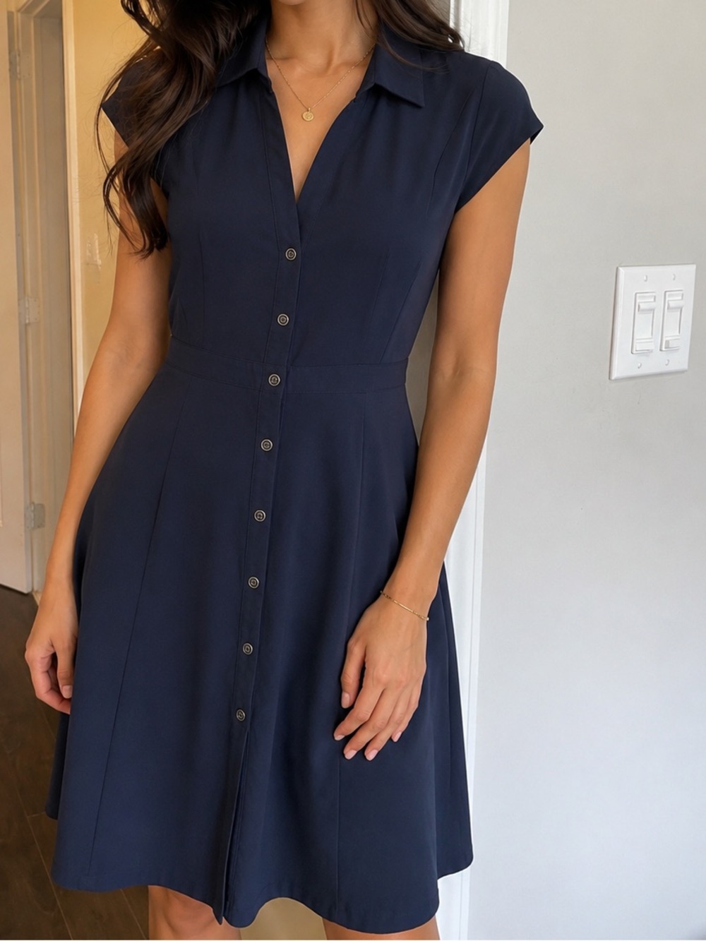 cleo Navy Short-Sleeve Button Midi Dress